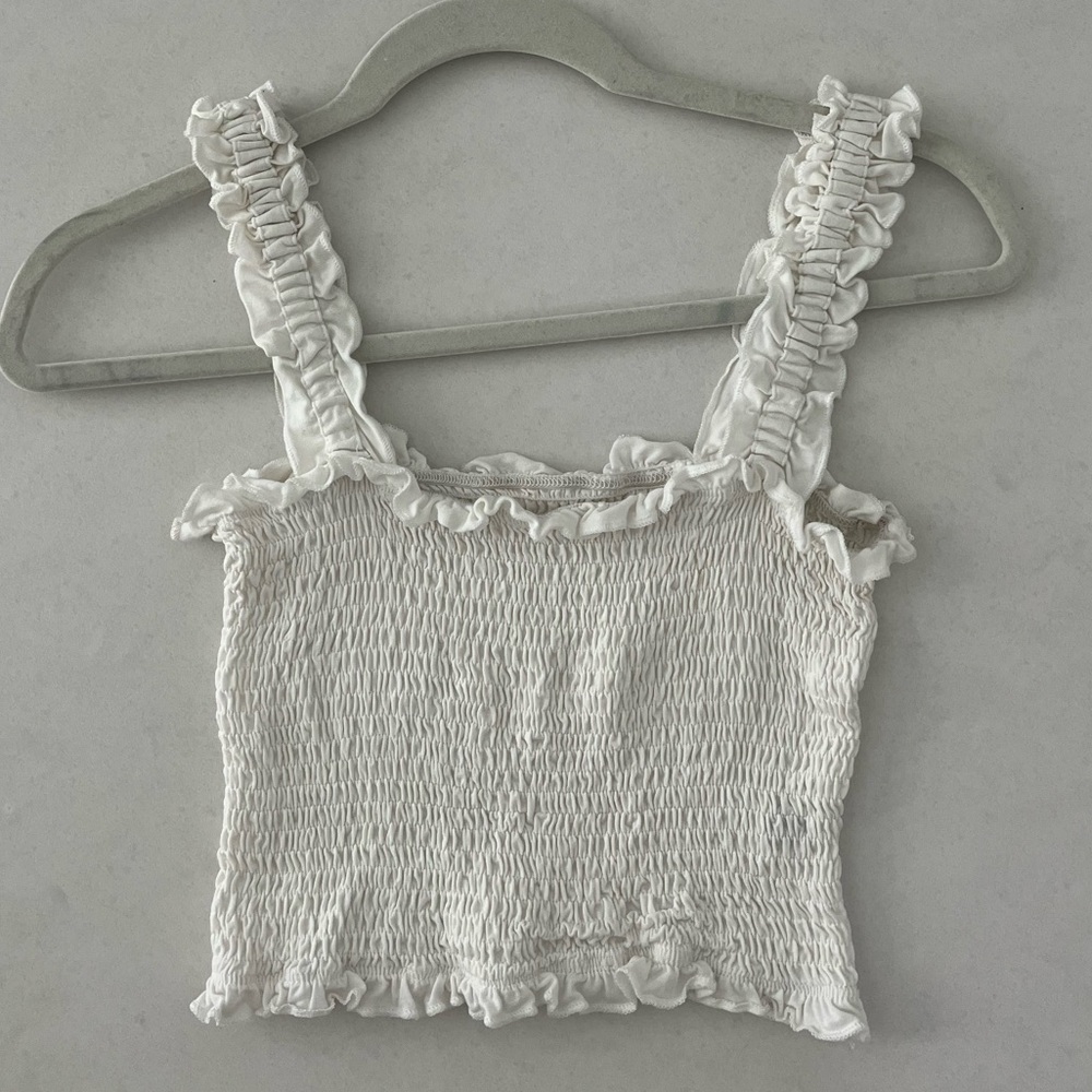 SHEIN: White Crop Top with Ruffles, Size S
